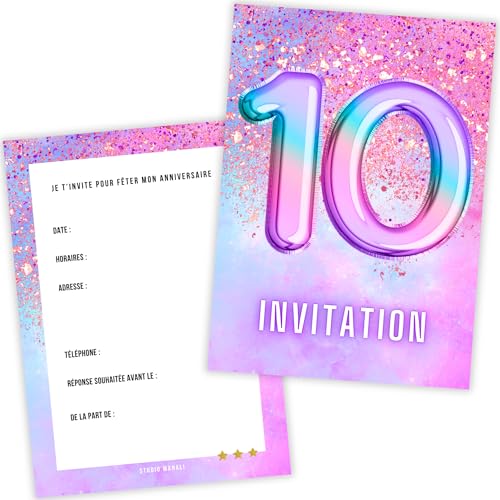 Einladungskarte Geburtstag Mädchen 10 Jahre – Set mit 12 Premium-Karten – Thema Heliumballon Boum Regenbogen Pastellfarben Rosa Violett Einhorn – dickes Papier 400 g – Format A6 – hergestellt in Einladungskarte Geburtstag Mädchen 10 Jahre – Set mit 12 Premium-Karten – Thema Heliumballon Boum Regenbogen Pastellfarben Rosa Violett Einhorn – dickes Papier 400 g – Format A6 – hergestellt in von STUDIO MANALI