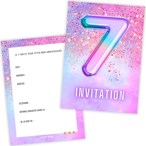 Einladungskarte Geburtstag Mädchen 7 Jahre – Set mit 12 Premium-Karten – Thema Heliumballon Boum Regenbogen Pastellfarben Rosa Violett Einhorn – dickes Papier 400 g – Format A6 – hergestellt in Einladungskarte Geburtstag Mädchen 7 Jahre – Set mit 12 Premium-Karten – Thema Heliumballon Boum Regenbogen Pastellfarben Rosa Violett Einhorn – dickes Papier 400 g – Format A6 – hergestellt in von STUDIO MANALI