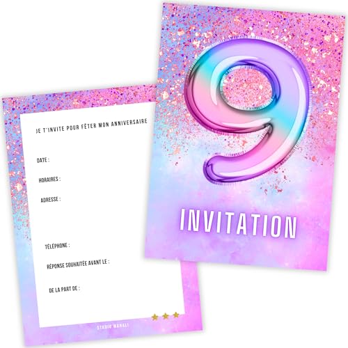 Einladungskarte Geburtstag Mädchen 9 Jahre – Set mit 12 Premium-Karten – Thema Heliumballon Boum Regenbogen Pastellfarben Rosa Violett Einhorn – dickes Papier 400 g – Format A6 – hergestellt in Einladungskarte Geburtstag Mädchen 9 Jahre – Set mit 12 Premium-Karten – Thema Heliumballon Boum Regenbogen Pastellfarben Rosa Violett Einhorn – dickes Papier 400 g – Format A6 – hergestellt in von STUDIO MANALI