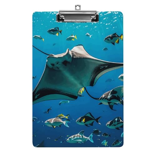 Acryl-Klemmbrett, A4-Größe, leicht und langlebig, mit Loch zum Aufhängen, Mantarochen und Fische, tragbarer Dokumenten-Organizer, hält 80–100 Blatt für Büro, Zuhause, Gebrauch von STVNKML