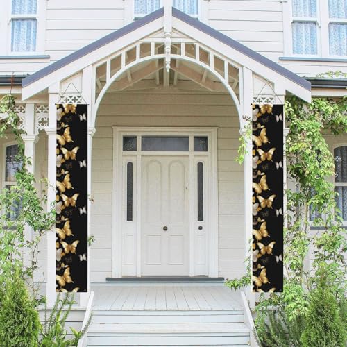 Vertikales Veranda-Banner zum Aufhängen, goldfarbene weiße Schmetterlinge, schwarze Haustür, Veranda-Schild, hängende Flagge, Party-Banner, Outdoor, saisonaler Urlaub, Hochzeit, Hof, Dekoration Vertikales Veranda-Banner zum Aufhängen, goldfarbene weiße Schmetterlinge, schwarze Haustür, Veranda-Schild, hängende Flagge, Party-Banner, Outdoor, saisonaler Urlaub, Hochzeit, Hof, Dekoration von STVYUKL