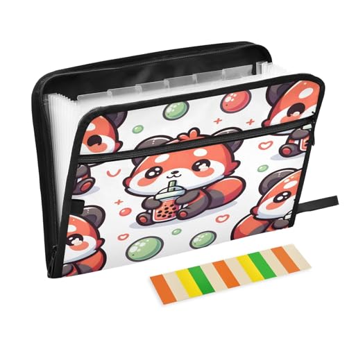 Fächermappe mit süßem rotem Panda mit Bubble Tea, 13 Taschen, Akkordeon-Aktenordner mit Klebeetiketten, Reißverschluss, tragbarer A4-Dokumenten-Organizer für Büro, Schulbedarf, Reisen von SUABO