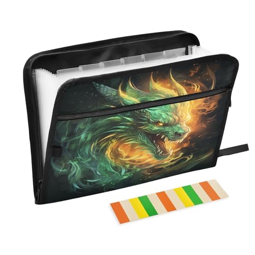 Green Fire Dragon2 Fächermappe, 13 Taschen, Akkordeon-Aktenordner mit Klebeetiketten, Reißverschluss, tragbarer A4-Dokumenten-Organizer für Büro, Schulbedarf, Reisen von SUABO