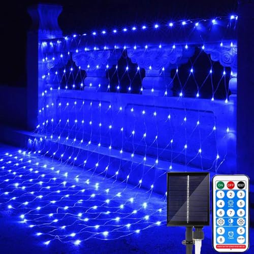 SUAVER 192LED Solar Lichternetz Außen, Wasserdichte Solar Lichterkette Netz Fernbedienung Timer Vorhang Weihnachtsbeleuchtung 8 Modi Mesh Lichtervorhang für Hochzeit Fenster Deko (Blau, 3x2m) von SUAVER