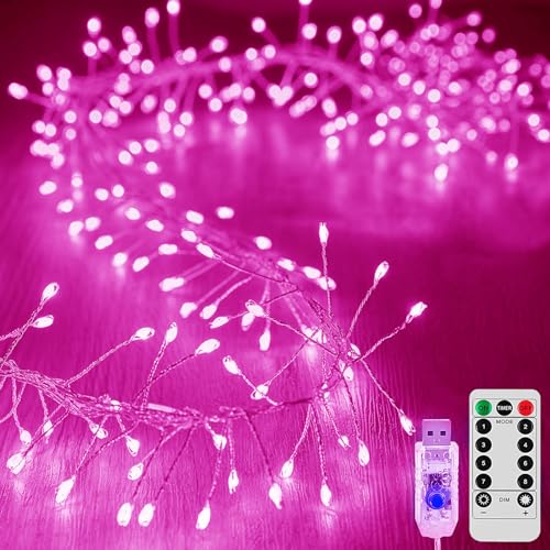 SUAVER Feuerwerk Lichterkette mit Timer Fernbedienung Außen Innen LED Fee Weihnachtslicht USB Kupferdraht Cluster Stern Lichter für DIY Schlafzimmer Hochzeit Party Décor (Pink, 12m 400LED) von SUAVER