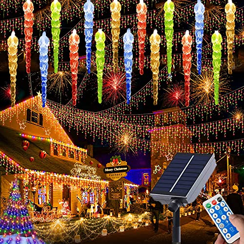 SUAVER Solar LED Eiszapfen Vorhang Lichter Außen Lichterkette Wasserdicht Eisregen Draußen drinnen Dekoration Eissäule 8 Modi Weihnachtsbeleuchtung mit Fernbedienung (50LED mehrfarbig) von SUAVER