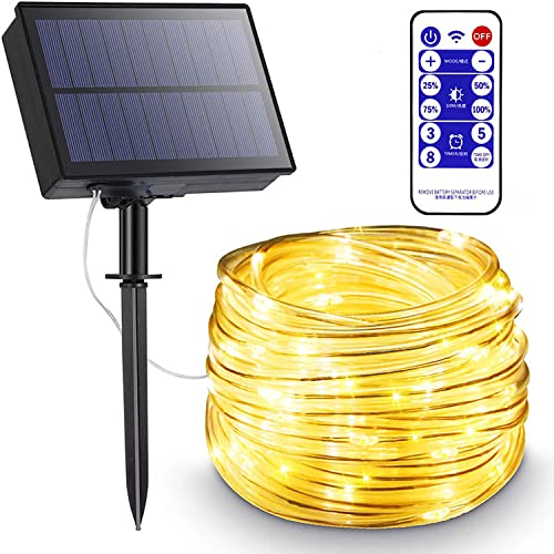SUAVER Solar LED Seilleuchten mit Fernbedienung,Dimmbar 10m 100LEDs Solarschlauch Licht,Wasserdicht 8 Modi Lichterkette Solarleuchten für Gartendekoration,Terrasse,Zaun,Balkon,Partybaum(warm weiß) von SUAVER