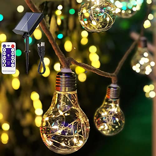 SUAVER Solar Lichterkette Aussen, Retro Hanfseil Lichterkette Außen mit Fernbedienung/USB Aufladung,LED Birnen Solarlampen Fairy Lights Deko Hochzeit Outdoor für Garten,Partys (8m 20Birnen) von SUAVER