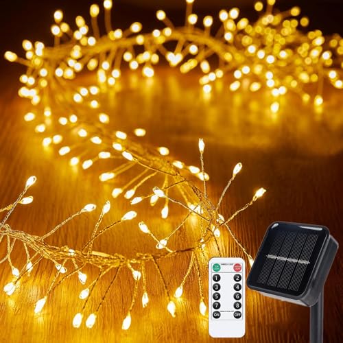 SUAVER Solar Lichterkette Aussen, Wasserdicht Kupferdraht Cluster Lichter Solar Feuerwerk Lichterkette mit Timer Fernbedienung für DIY Balkon Weihnachten Hochzeit Party Décor (Warmweiß, 6m 200LED) von SUAVER