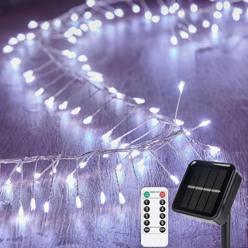 SUAVER Solar Lichterkette Aussen, Wasserdicht Kupferdraht Cluster Lichter Solar Feuerwerk Lichterkette mit Timer Fernbedienung für DIY Balkon Weihnachten Hochzeit Party Décor (Weiß, 9m 300LED) von SUAVER