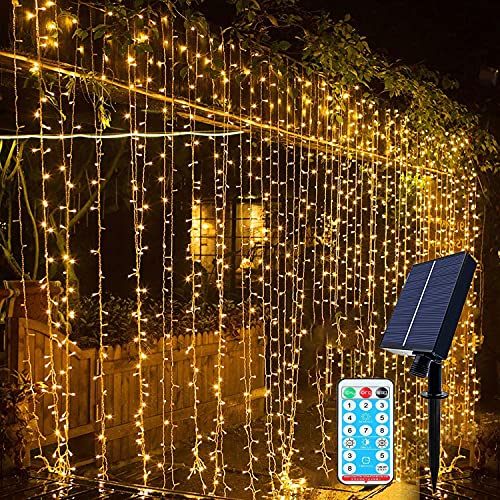 SUAVER Solar Lichterkette Außen LED Lichtervorhang, Wasserdicht Solar Sterne Lichterkette Vorhang 8 Modi Deko Lichter für Weihnachten Innen Außen Garten Party Hochzeit(Warmweiß,200LED 9.8x6.6ft) von SUAVER