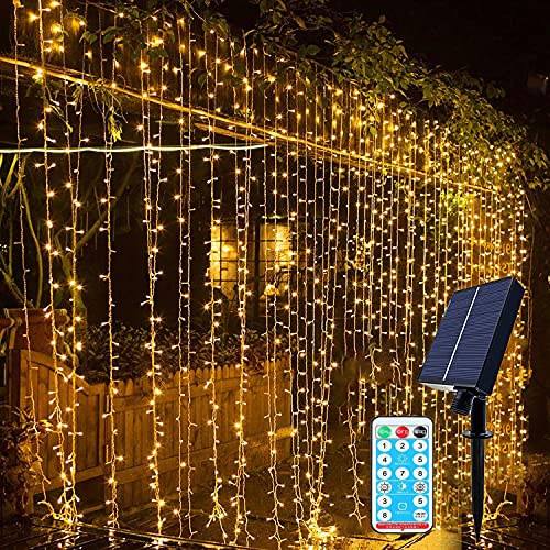 SUAVER Solar Lichterkette Außen LED Lichtervorhang, Wasserdicht Solar Sterne Lichterkette Vorhang 8 Modi Deko Lichter für Weihnachten Innen Außen Garten Party Hochzeit(Warmweiß,300LED 9.8x9.8ft) von SUAVER