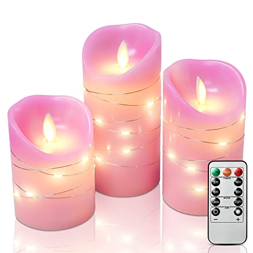 SUBOSI 3er Rosa Led Kerzen mit Timerfunktion,Led Kerzen Flackernde Flamme,Echtes Wachs Led Teelichter set(4" 5" 6"),Led Teelichter mit eingebetteter Lichterkette und 10 Tasten Fernbedienung von SUBOSI