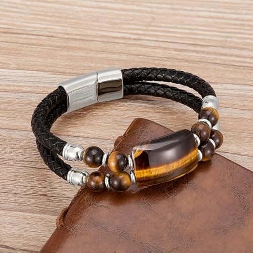 SUBOTE Männlich Schmuck Echtes Leder Armband Tigerauge Perlen Armbänder Edelstahl Magnetverschlüsse Männer Handgelenk Geschenke von SUBOTE