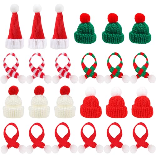 24 Stück Mini Mützen Gewebte Mütze, Mini Weihnachtsmütze und Schal Set, Finger Kleine Nikolausmützen, Nikolausmütze Klein für Weihnachtsfeier Dekor, Flaschendeko und Dekoration Geschenk von SUBRINGE