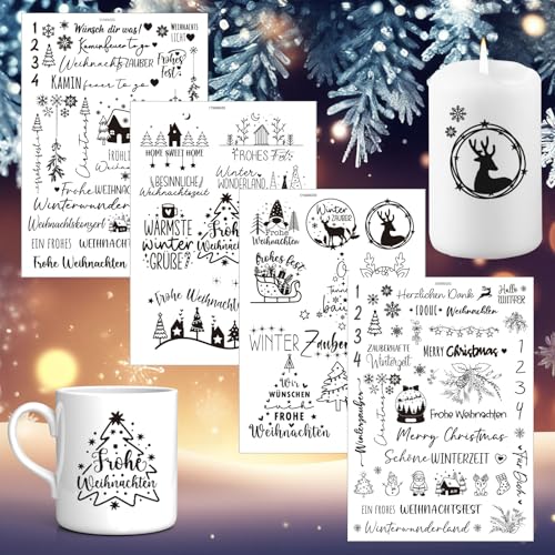 SUBRINGE 4 Kerzentattoo Folie, Wasserschiebefolie für Kerzen, Tasse, Keramik, Glas DIY Dekoration, Weihnachtsmotive (Tannenbaum, Schneeflocken, Rentier), Geschenkidee für Festtag, Home Decor von SUBRINGE