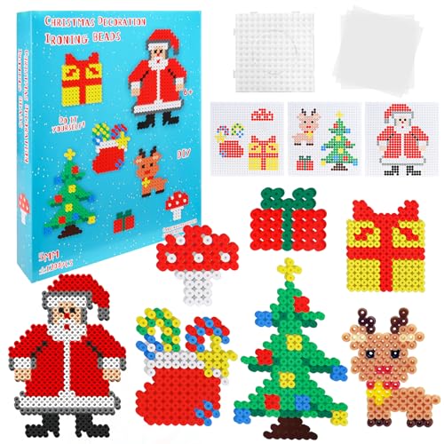 Weihnachten Bügelperlen Set 5mm, 1200 Stück Weihnachten Steckperlen mit Steckplatte, 7 Weihnachte Muster und 3 Bügelpapier, Kreatives Perlenset Set für Kinder ab 3 Jahren (Blau) von SUBRINGE