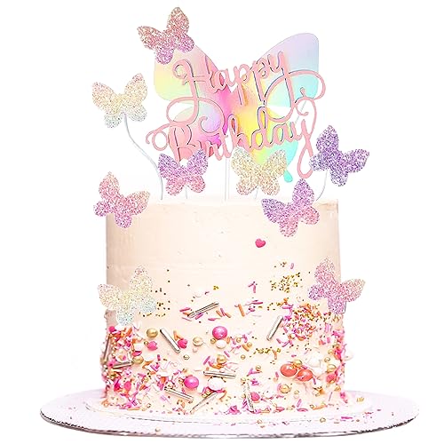 16 Stück Schmetterlings-Kuchendekorationen, Schmetterlings-Kuchenaufsatz, bunte Schmetterlings-Kuchenaufsätze, Farbverlauf, Pailletten, Schmetterling, Cupcake-Aufsatz für Mädchen, Geburtstag (Rosa) von SUBTAVIK