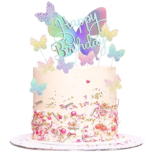 16 Stück Schmetterlings-Kuchendekorationen, Schmetterlings-Kuchenaufsatz, bunte Schmetterlings-Kuchenaufsätze, Farbverlauf, Pailletten, Schmetterling, Cupcake-Aufsatz für Mädchen, Geburtstag (Blau) von SUBTAVIK