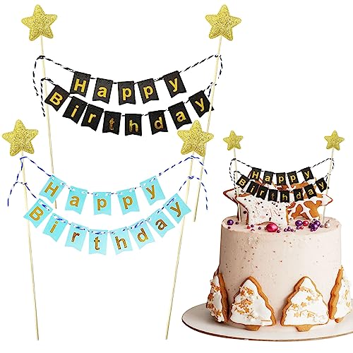 2 Stück „Happy Birthday“-Kuchenaufsatz, Banner, Wimpelkette, Kuchenaufsatz, Glitzer-Kuchenaufsatz, goldener Stern, Geburtstagskuchenaufsatz, Wimpelkette für Kuchen, Cupcake, Party (schwarz und blau) von SUBTAVIK