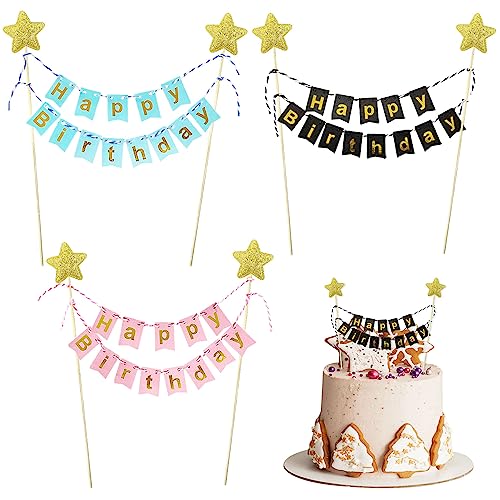 2 Stück „Happy Birthday“-Kuchenaufsatz, Banner, Wimpelkette, Kuchenaufsatz, Glitzer-Kuchenaufsatz, goldener Stern, Geburtstagskuchenaufsatz, Wimpelkette für Kuchen, Cupcake (Rosa, Schwarz und Blau) von SUBTAVIK