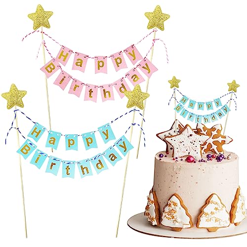 2 Stück alles Gute zum Geburtstag Kuchen Topper, Banner Wimpel Kuchen Topper Glitter Kuchen Topper Gold Stern Geburtstag Kuchen Topper für Kuchen Cupcake Kinder Geburtstag Party (Rosa & Blau) von SUBTAVIK