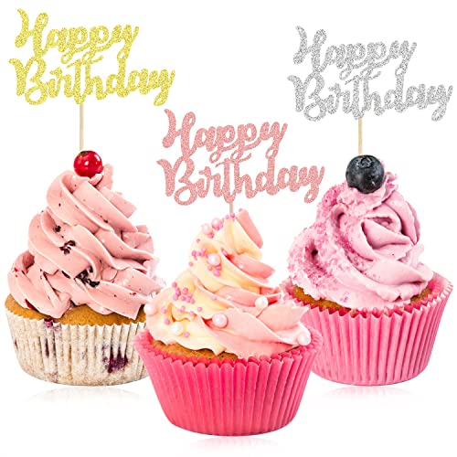 24 Stück Happy Birthday Cupcake-Topper, glitzernde Cupcake-Topper zum Feiern des Geburtstags, Cupcake-Picks zum Feiern von Happy Birthday-Partys, Kuchendekorationen (3 Farben) von SUBTAVIK