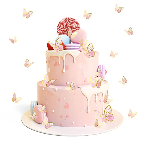 33 Stück Schmetterlings-Kuchendekorationen, Schmetterlings-Kuchenaufsätze, lebhafte 3D-Schmetterlings-Cupcake-Aufsätze, Schmetterlings-Dekorationen für Geburtstag, Hochzeit, Party, Kuchenwand (Rosa) von SUBTAVIK