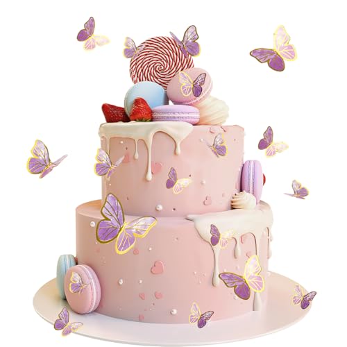 33 Stücke Schmetterling Kuchen Dekorationen 3D Schmetterling Kuchen Topper Dekorationen Gemischte Größe Schmetterling Cupcake Topper für Geburtstag Hochzeit Party Kuchen Essen Dekorationen (Lila) von SUBTAVIK