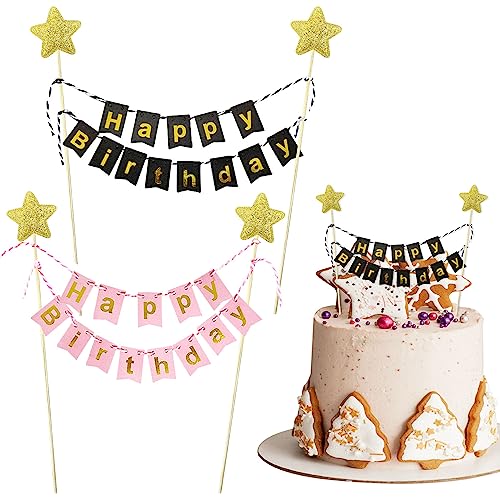 Alles Gute zum Geburtstag Geburtstagskuchenaufsatz, Glitzer-Kuchenaufsatz, goldener Stern-Kuchenaufsatz, Kuchendekoration für Mädchen und Jungen, Geburtstagsparty-Zubehör (Rosa und Schwarz) von SUBTAVIK