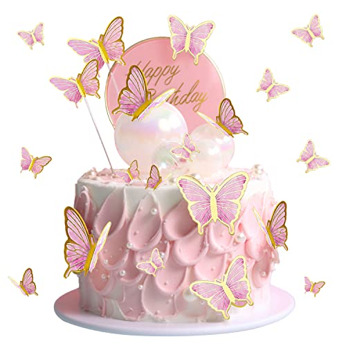 SUBTAVIK 30 Stück Glitzer 3D-Schmetterlings-Cupcake-Topper, Gemischte Größe, Rosa Kuchendekorationen für Geburtstagstorte, Hochzeitsfeier von SUBTAVIK