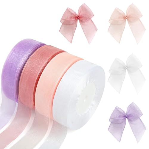 SUBTAVIK 4 Rollen Organzaband, 45 m/50 Yards Chiffonband, Geschenkpapier, 20 mm breites, durchsichtiges Band, Geschenkband für Hochzeitsfeier-Geschenkdekorationen und DIY-Schleifenbasteln (4 Farben) von SUBTAVIK
