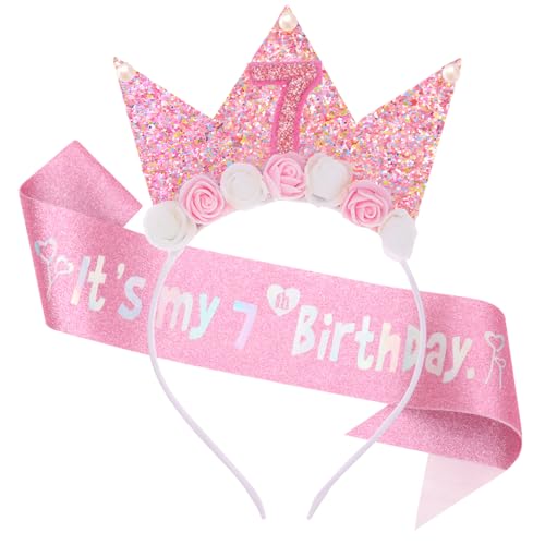 SUBTAVIK Dekoration zum 7. Geburtstag, Kopfband für Geburtstagsmädchen, Blumenprinzenkrone, glitzerndes pinkes Haarband, Geburtstagsgurt für Mädchen, Partydekoration, Geschenk SUBTAVIK Dekoration zum 7. Geburtstag, Kopfband für Geburtstagsmädchen, Blumenprinzenkrone, glitzerndes pinkes Haarband, Geburtstagsgurt für Mädchen, Partydekoration, Geschenk von SUBTAVIK