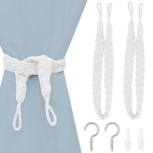 SUBTAVIK Raffhalter für Vorhänge, 2er-Pack, Elegante Raffhalter im Boho-Stil, Handgestrickte Raffhalter mit Metallhaken für Zuhause, Büro, Wohnzimmer und Schlafzimmer (Weiß) von SUBTAVIK