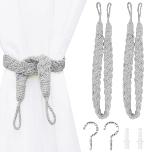 SUBTAVIK Vorhang-Raffhalter, 2er-Pack, Boho-Stil, Handgestrickte Vorhang-Raffhalter mit Metallhaken für Zuhause, Büro, Wohnzimmer, Schlafzimmer (grau) von SUBTAVIK