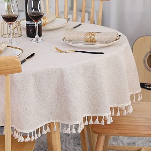 SUCHDECO Beige Tischdecke Rund 120 cm Abwaschbar Leinen Baumwolle Tischtuch Knitterfrei Staubdicht mit Quasten für Küche, Esszimmer, Esstisch, Couchtisch, Gartentisch von SUCHDECO