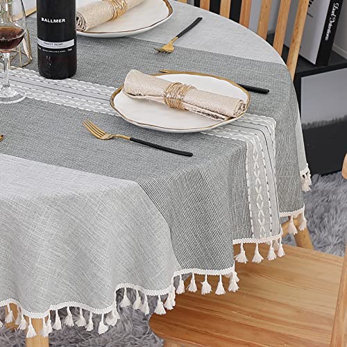 SUCHDECO Leinen Tischdecke Rund 120 cm Abwaschbar Baumwolle Tischtuch Knitterfrei Staubdicht mit Quasten Streifenstickerei für Küche, Esszimmer, Esstisch, Couchtisch, Gartentisch, Grau von SUCHDECO