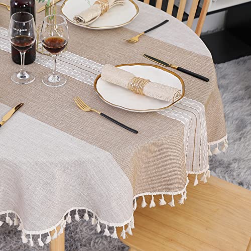 SUCHDECO Leinen Tischdecke Rund 120 cm Abwaschbar Baumwolle Tischtuch Knitterfrei Staubdicht mit Quasten Streifenstickerei für Küche, Esszimmer, Esstisch, Couchtisch, Gartentisch, Khaki von SUCHDECO