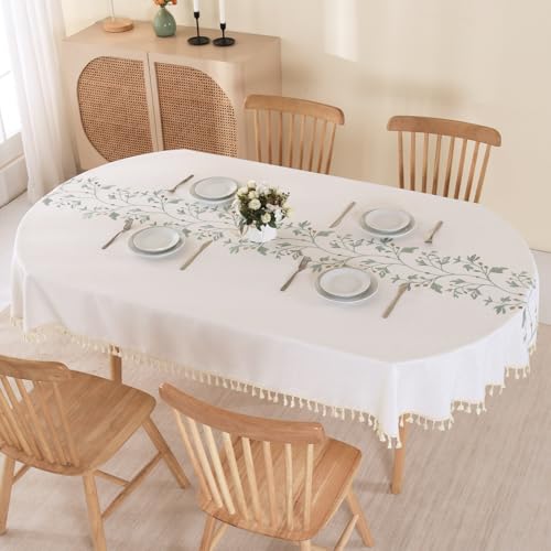 SUCHDECO Tischdecke Oval Beige Tischdecken Baumwolle Leinen mit Grün Sticken Blätter & Quaste Tischtuch Küchentischdecke Tischwäsche Gartentischdecke für Geburtstag Party Hochzeit, 140x220 cm von SUCHDECO