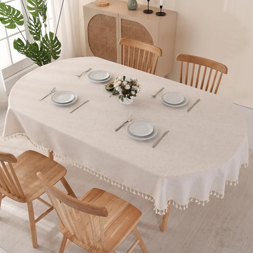 SUCHDECO Tischdecke Oval Beige Tischdecken Baumwolle Leinen mit Quaste Tischtuch Küchentischdecke Tischwäsche Gartentischdecke für Geburtstag Party Hochzeit, 140x220 cm von SUCHDECO