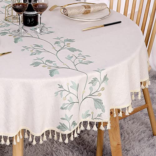 SUCHDECO Tischdecke Rund 120 cm Abwaschbar Leinen Baumwolle Beige Tischtuch Knitterfrei Staubdicht mit Grüne Gestickte Blätter, Quasten für Küche, Esszimmer, Esstisch, Couchtisch, Gartentisch von SUCHDECO