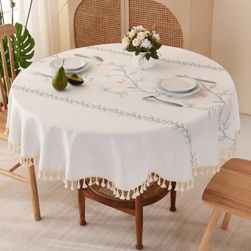 SUCHDECO Tischdecke Rund 120 cm Beige Tischdecke Leinen Baumwolle Runde Tischdecken Gartentischdecke mit Gestickte Blume für Küche, Esstisch, Couchtisch, Gartentisch SUCHDECO Tischdecke Rund 120 cm Beige Tischdecke Leinen Baumwolle Runde Tischdecken Gartentischdecke mit Gestickte Blume für Küche, Esstisch, Couchtisch, Gartentisch von SUCHDECO