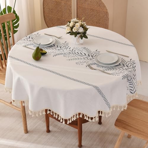 SUCHDECO Tischdecke Rund 140 cm Beige Tischdecke Leinen Baumwolle Runde Tischdecken Gartentischdecke mit Gestickte Blätter für Küche, Esstisch, Couchtisch, Gartentisch von SUCHDECO