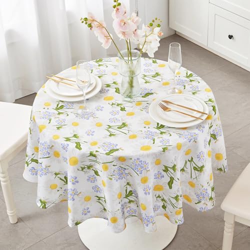SUCHDECO Tischdecke Rund 150 cm Abwaschbar Tischdecke Wasserabweisend Runde Tischdecken Outdoor Tischtuch Gartentischdecke für Küche, Esszimmer, Esstisch, Couchtisch, Gartentisch, Weißes Gänseblümchen von SUCHDECO