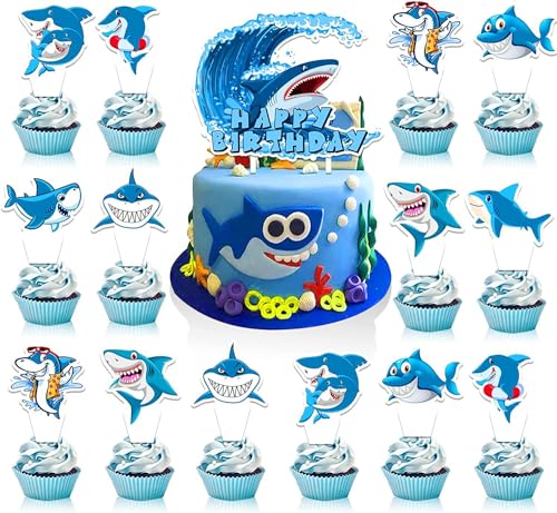 25 Stück Hai-Kuchenaufsätze, Hai Cake Cupcake Picks, Shark Party-Kuchendeko, Meerestier Kuchen Toppers, für Kinder, Babypartys Kuchen Topper, Muffin Backen Kuchenaufsätze (Blau) von SUEHBEXF