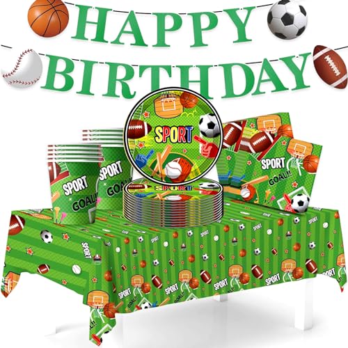 42 Stück Fußball Partygeschirr Set, Fussball Deko Geburtstag Pappteller Party Set, Fußball Geburtstag Deko, mit Banner Servietten Teller Tasse Tischdecke für Jungen Sport-Thema Dekorationen (A) von SUEHBEXF