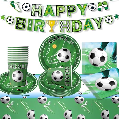 42 Stück Fußball Partygeschirr Set, Fussball Deko Geburtstag Pappteller Party Set, Fußball Geburtstag Deko, mit Banner Servietten Teller Tasse Tischdecke für Jungen Sport-Thema Dekorationen (B) von SUEHBEXF