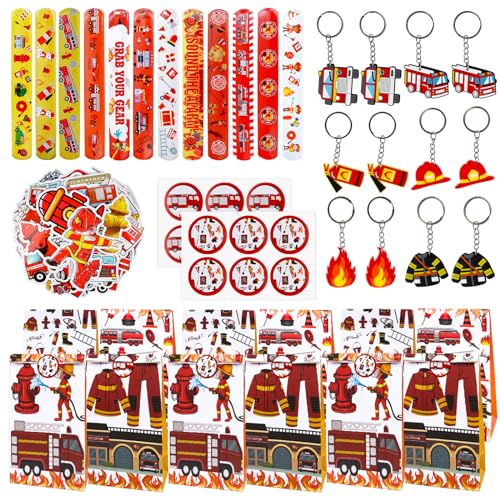 86 pcs Feuerwehrmann Party Mitgebsel, Feuerwehr Spielzeug, Schnapparmband Schlüsselanhänger Papiertüten Aufkleber, Feuerwehrmann Sam Geburtstag Deko, Mitgebsel Kindergeburtstag für Jungen von SUEHBEXF