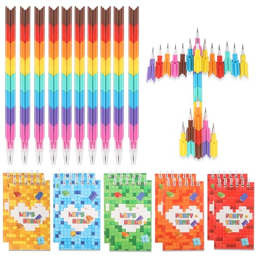 Kinder Schreibwaren Set, 10 Mini Baustein Notizbuch und 10 Stapelbare Buntstifte - Kreative Bauklötze Partytüten - kindergeburtstag Gastgeschenke, Lustige Schulmaterialien, Schulpreis und Partyfüller von SUEHBEXF