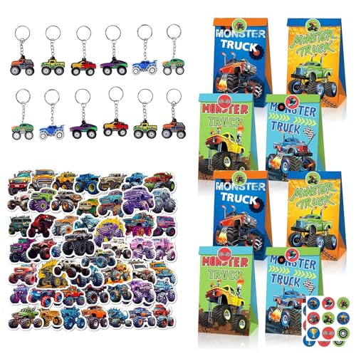 SUEHBEXF 74Pcs Monster Truck Party Mitgebsel, Monster Truck Geburtstag Geschenkeset mit Monster Truck Geschenktüten Schlüsselanhänger Aufkleber, Truck Geburtstag Party Gastgeschenke für Kinder von SUEHBEXF